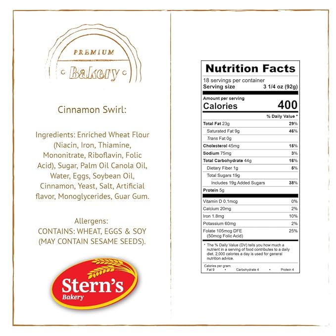 Stern’s Bakery Cinnamon Swirl | 18 Individually Wrapped Pastries | 3 Oz Breakfast Danish Pastries | Vending Machine Snacks | Lunchbox Snacks | Dairy Free | Nut Free Snack | Kosher Pastries