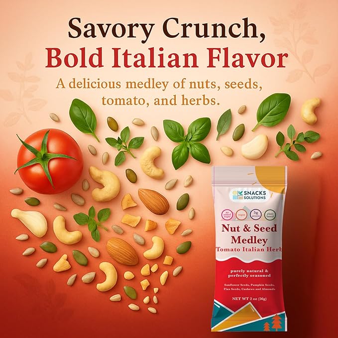 Snacks Solutions Nut and Seed Medley (2 oz - Pack of 8, Tomato Italian Herbs) Vegan, Plant Based, Gluten Free, No Added Sugar