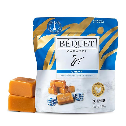 Béquet Caramel - Chewy - Gourmet Caramel Candy - Caramel Candy Individually Wrapped - Made in Montana - Kosher (Star D) and Gluten Free - 24 oz Resealable Pouch