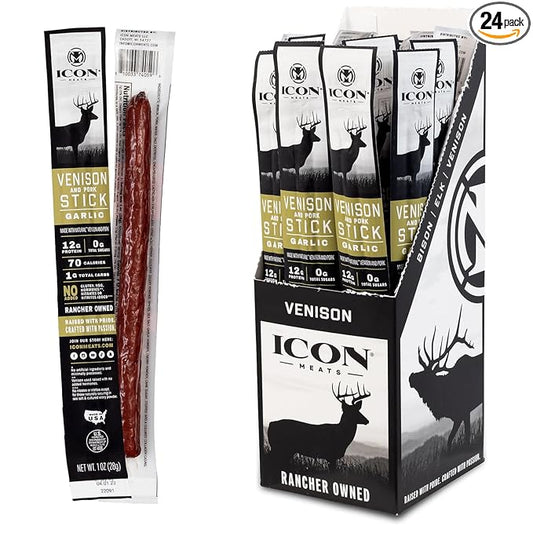 ICON Meats Venison and Pork Snack Sticks, Garlic Flavor, 24 Pack High Protein Snacks, Sugar Free, Natural Jerky Meat Sticks, Gluten Free, USDA Inspected, Made in the USA, Gifts & Stocking Stuffers