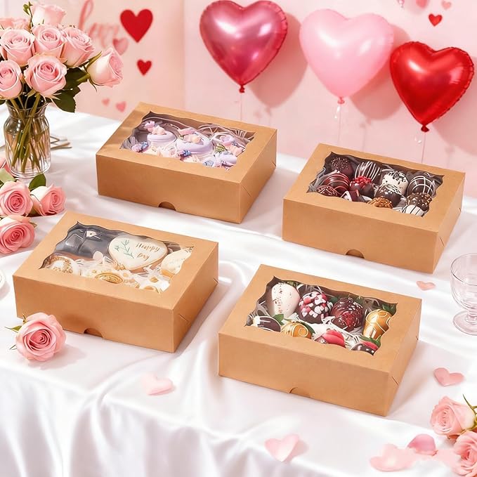 20PCS Brown Cookie Boxes with Window, 8x6x2.5 Inch Gift-Ready Pastry Box for Chocolate Strawberries, Macarons, Truffles, Perfect for Thanksgiving Day,Father's Day, Christmas Party Favors