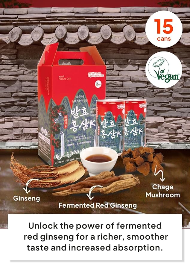 Korean Food Red Ginseng Drink with Siberian Chaga, 9-Steamed 9-Dried Ginseng, Vegan-Friendly, 15 Cans × 180ml (6.08 fl oz), Naturecell