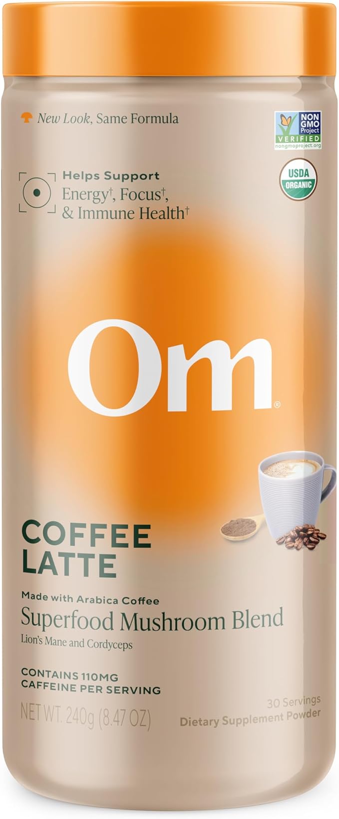 OM MUSHROOM SUPERFOOD Coffee Latte Blend – Functional Mushroom Powder with Lion’s Mane, Cordyceps, Reishi & Chaga – Energy, Focus & Mental Clarity Support – 8.47 oz Canister (30 Servings)