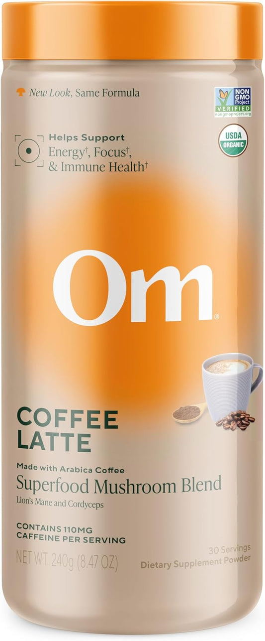 OM MUSHROOM SUPERFOOD Coffee Latte Blend – Functional Mushroom Powder with Lion’s Mane, Cordyceps, Reishi & Chaga – Energy, Focus & Mental Clarity Support – 8.47 oz Canister (30 Servings)