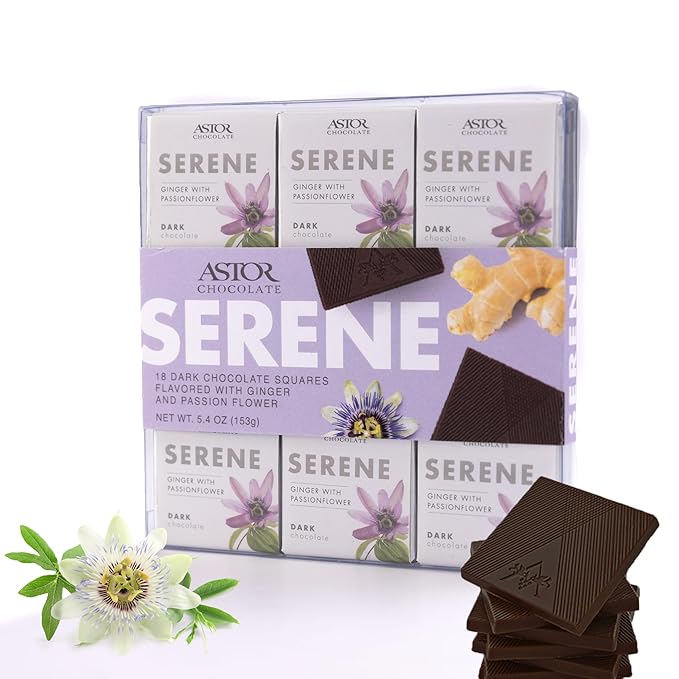 Astor Chocolate Serene Dark Chocolate Ginger with Passion Flower Squares Gift, Chocolate Lover Mini Bar Box, 18pc Individually Wrapped Chocolate Basket, 0.33oz Each Minibar Gourmet, Candy Holiday Bars
