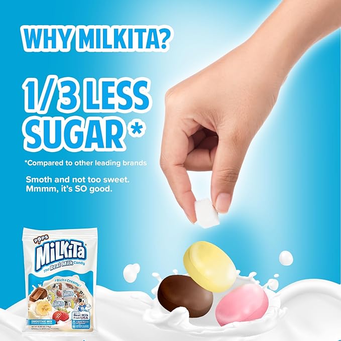 Milkita The Real Milk Candy Lollipop Bag – Low-Sugar, Healthy Sweets with Real Milk for Kids & Adults – Fat Free & Gluten Free Candy with Calcium (Strawberry, Chocolate, Banana - 10 Pcs)