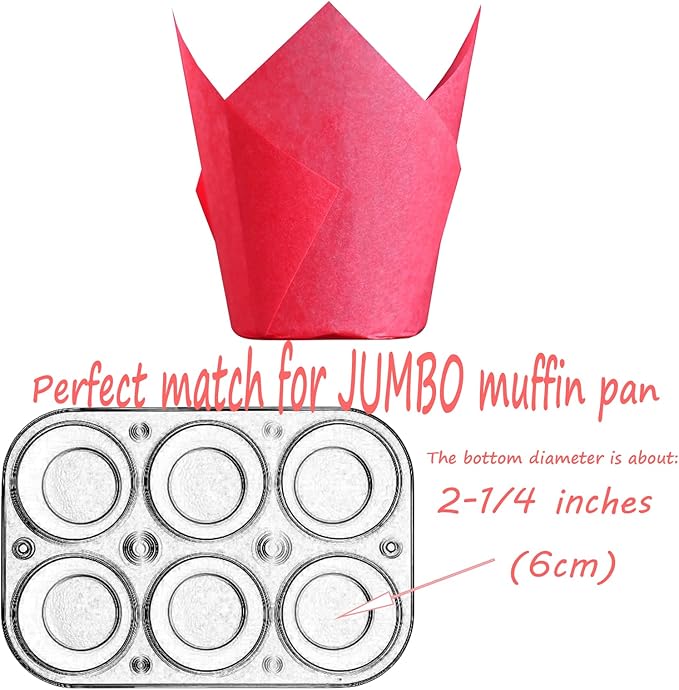 MyBakning Red colour Large size Tulip Baking Cups 2-1/4"(Base diameter) x 4"(Wall height) Greaseproof paper baking cupcake Muffin liners, Case of 130 pcs