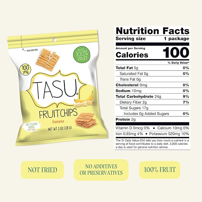 TASU Banana Dried Fruit Chips - 100% Natural, Crispy, Crunchy and Allergen-Free Healthy Snacks for Kids & Adults, Vegan, Gluten-Free, No Added Sugar, No Oils Added, Perfect for Lunch Bags and On-the-Go Snacks | 30 Pack (1 Oz Each)