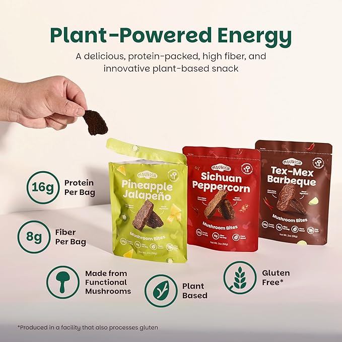 Mourish Vegan Mushroom Bites Six Senses Discovery Sampler, 6 Pack (2 oz), Good Source of Protein and Fiber, Plant Based Meat Jerky, Meatless Healthy Snacks for Hiking, Work, Travel & School