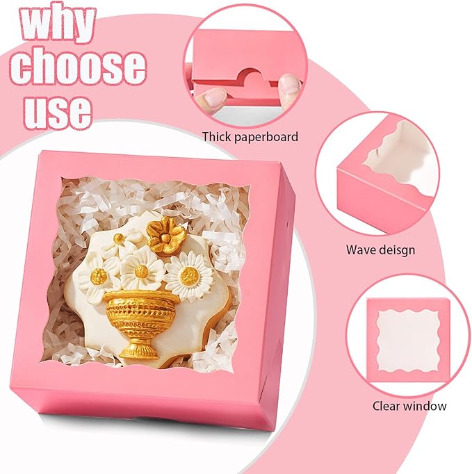 JCXGRVC 100 Pack 4x4x2 Inches Pink Bakery Boxes with Clear Window Perfect for Packaging Macaron Ores Chocolate Truffle Strawberry Cookie Donut Pie Treat Boxes for Wedding Valentine's Birthday