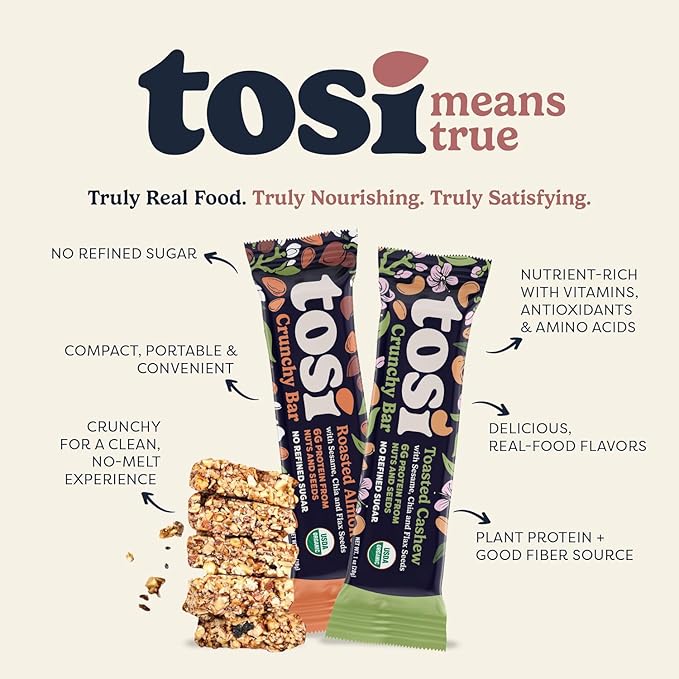 Tosi Almond and Cashew Protein Bars Combo, Plant Based with Nuts, Gluten-Free Crunchy Snacks, Vegan, Organic, Flax & Chia Seeds, Soy-Free, Omega 3s, 5G Protein, 1 oz, 12-Pack