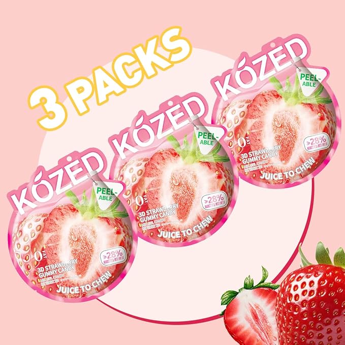 Happy Global Kozed Peelable Gummy Candy Strawberry Flavors 3 Pack, Fun Fruity Role Party Snack, Chewy Sweet Treat with Juicy Flavor,Halal-Certified Holiday Gifts