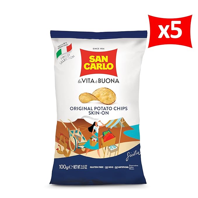 San Carlo Multi Pack 5X Skin-On n°1 Italian Potato Chips - 100gr - for Snacking Bliss