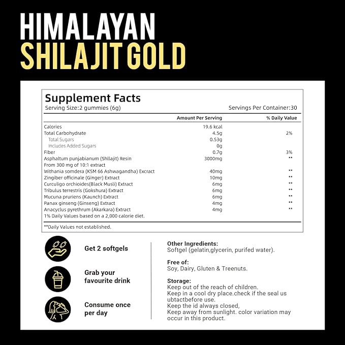 Shilajit Gummies with Ashwagandha & Gokshura | 85+ Trace Minerals & Fulvic Acid | Organic, Non-GMO Micronutrient Supplement for Men & Women | 100% Pure & Natural