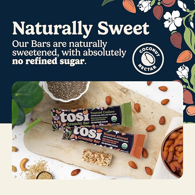Tosi Almond and Cashew Protein Bars Combo, Plant Based with Nuts, Gluten-Free Crunchy Snacks, Vegan, Organic, Flax & Chia Seeds, Soy-Free, Omega 3s, 5G Protein, 1 oz, 12-Pack