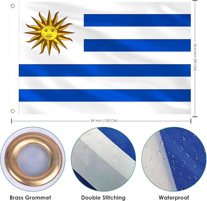 Ahfulife Uruguay Flag 3x5 Ft, 1 Pc Large Uruguayan National Flags for Outdoor Indoor, Double Sided with Brass Eyelets for World Cup, Party, Garden, Bar, Street Decor
