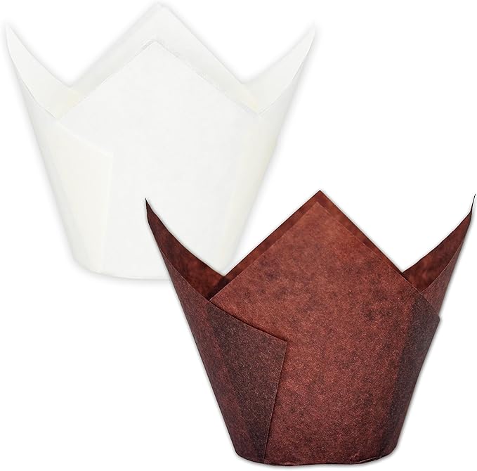 MyBakning (Jumbo Extra Large size) Brown+White Tulip Baking Cups 2-1/4"(Base diameter) x 3-3/4"(Wall height) Greaseproof paper baking cupcake Muffin liners, Case of 130 pcs