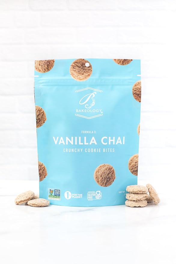 Bakeology Vegan Cookies- Vanilla Chai Gluten Free Crunchy Mini Cookie Bites, Dairy Free, Non-GMO, 0g Trans Fat, Plant Based Dessert Sweets, Made with Coconut Oil & Pure Ingredients
