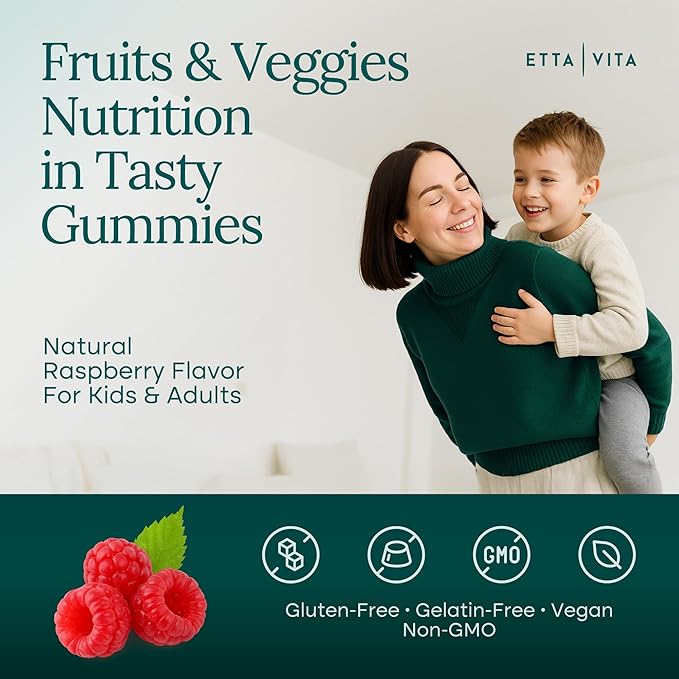 (120 Chews) Fruits and Veggies Supplement - Super Greens Gummies (9 Superfruits & 30 Veggies) Mushrooms, Fruit and Vegetable Vitamins, Non-GMO, Pectin-Based, Gluten-Free, No Capsules