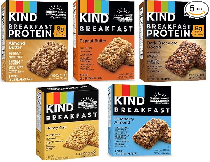 Kind Breakfast Bars New Variety 5 Pack. 1 Box of each: Dark Chocolate, Honey Oat, Peanut Butter, Almond Butter. Total of 40 Bars