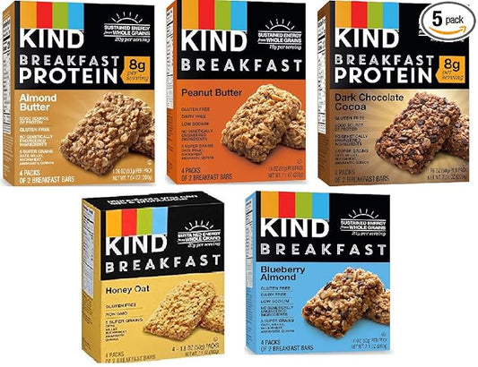 Kind Breakfast Bars New Variety 5 Pack. 1 Box of each: Dark Chocolate, Honey Oat, Peanut Butter, Almond Butter. Total of 40 Bars