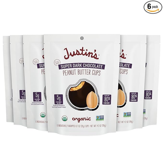 Justin's Super Dark Chocolate Peanut Butter Cups 6pk of 4.2oz bags Organic, Gluten Free, Non-GMO, Responsibly Source, Rainforest Alliance Certified Cocoa