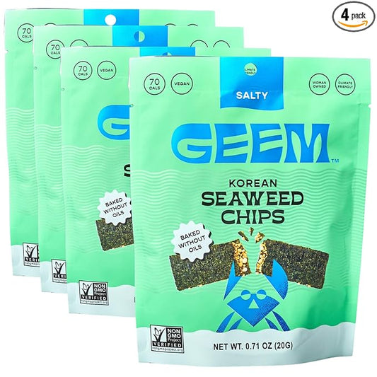 GEEM Seaweed Snacks – Korean Seaweed Chips with Rice Crisps & Sesame | Crunchy, Oil-Free Snack | Vegan, Non-GMO | Great for Kids & Adults | Salty 4-Pack