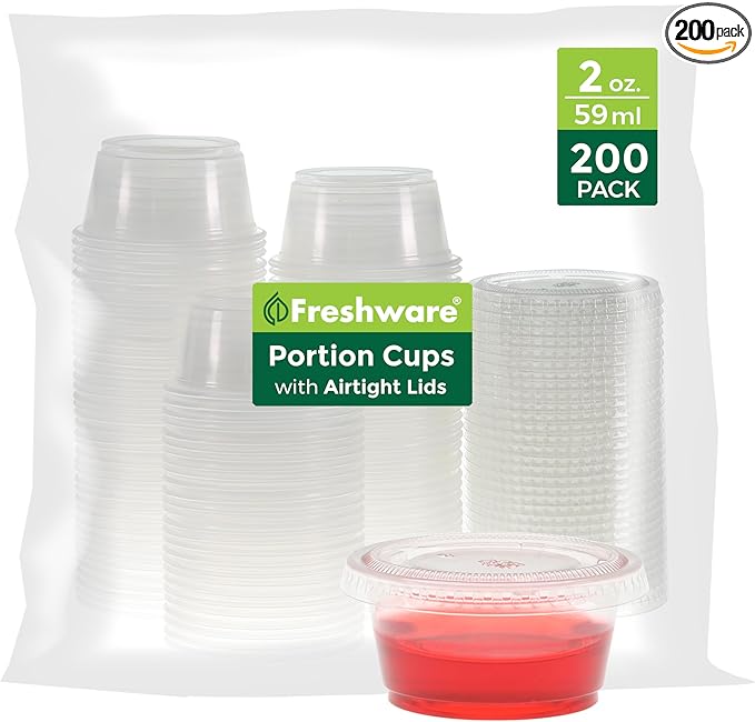 Freshware Plastic Portion Cups with Lids [2 Ounce, 200 Sets] Disposable Plastic Cups for Meal Prep, Salad Dressing, Jellos Shot Cups, Souffle Cups, Condiment and Dipping Sauce Cups