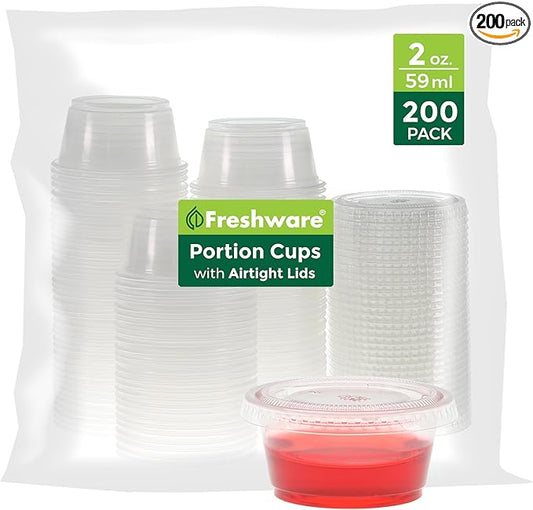 Freshware Plastic Portion Cups with Lids [2 Ounce, 200 Sets] Disposable Plastic Cups for Meal Prep, Salad Dressing, Jellos Shot Cups, Souffle Cups, Condiment and Dipping Sauce Cups