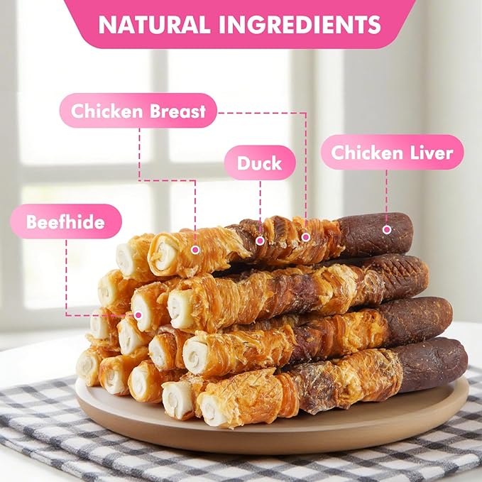 Puddonio Dog Treats, Triple Flavor 6 Inch Rawhide Rolls, Chicken Duck and Chicken Liver Wrapped Rawhide Dog Chews, Suitable for Medium Dogs, 17.6 oz