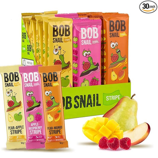 BOB SNAIL Healthy Fruit Snacks for Kids and Adults – 30 Fruit Leather Snacks with Pear-Apple, Raspberry, Mango – Vegan Low-Carb Variety Pack Strips for Kids – Sugar Free Jerky Bars