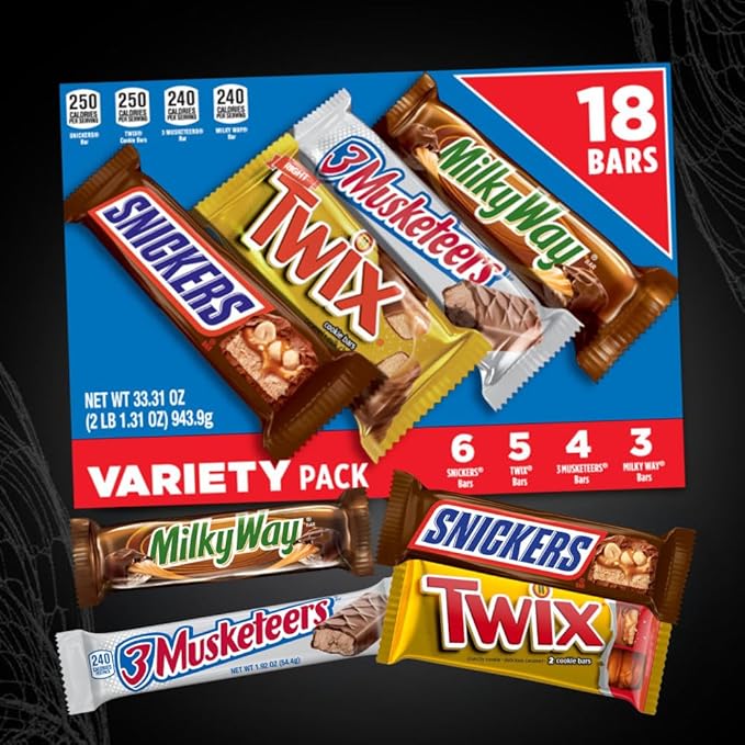 SNICKERS, TWIX, MILKY WAY & 3 MUSKETEERS Individually Wrapped Variety Pack Full Size Milk Chocolate Candy Bars Bulk Assortment, 33.31 oz, 18 Bars