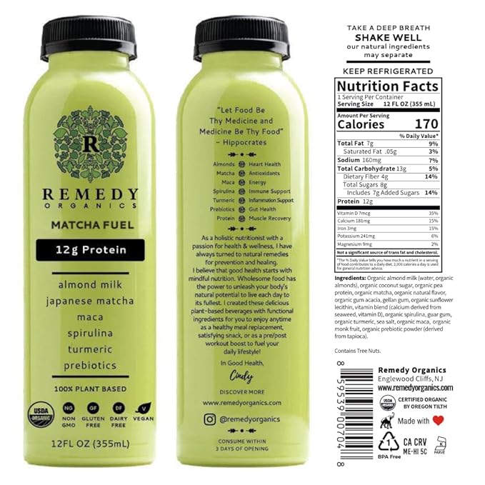 Remedy Organics Matcha Fuel 12-Pack | Plant Based 20g Protein Shakes, Ready to Drink | USDA Organic, Gluten Free, Dairy Free, Soy Free