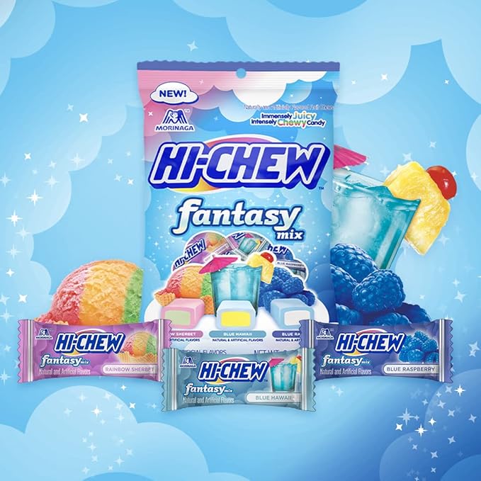 HI-CHEW Fantasy Mix, 6 Bags, 3oz each - Rainbow Sherbet Blue Hawaii Blue Raspberry - Unique Fun Soft & Chewy Candy - Immensely Juicy Fruity Candy Flavors - Individually Wrapped for Sharing