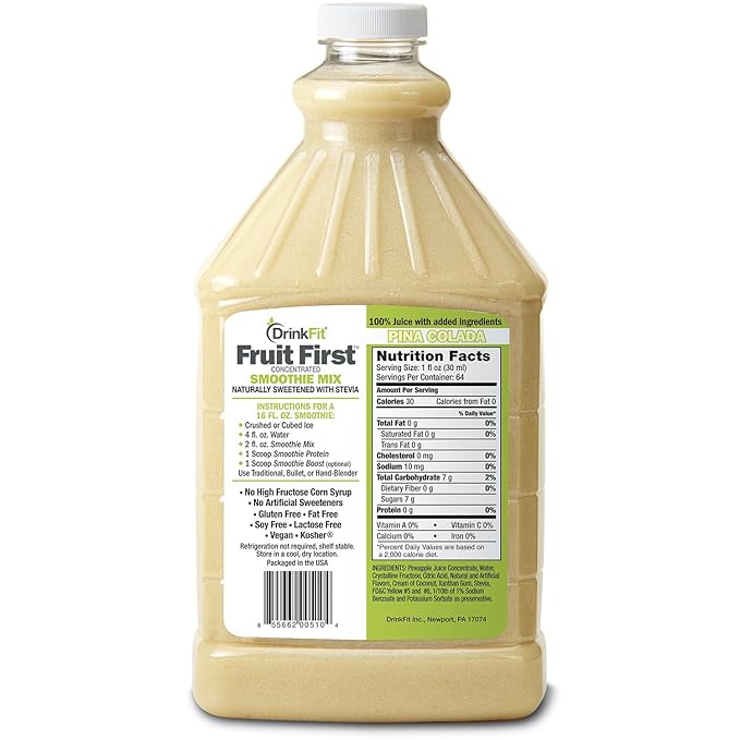 DrinkFit Fruit Smoothie | Real Fruit Puree, Low Sugar, Gluten:Free & Non:GMO, Pina Colada Smoothie Mix : Makes 32 Smoothies, 64 Fl Oz (Pina Colada)