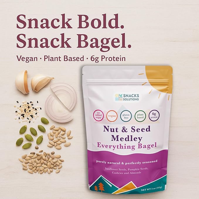 Snacks Solutions Nut and Seed Medley (5 oz -Pack of 6, Everything Bagel) Gluten Free, Natural and Perfectly Seasoned, Sunflower Seeds, Pumpkin seeds, Cashews and Almonds