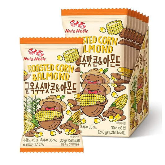 Korean Food Nuts Holic Roasted Corn & Almond, Sweet & Nutty Crunchy Almond Snack, 8 Packs 8.5 oz (1.05 oz Each)