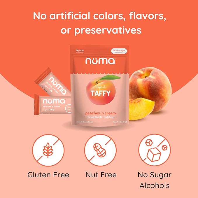 Numa Taffy Candy, Peaches ‘n Cream Made with Real & Simple Ingredients – Low Sugar, High Protein, Low Calorie, All Natural & Gluten Free Peach Taffy – 3 bags with 10 Individually Wrapped Chews Each