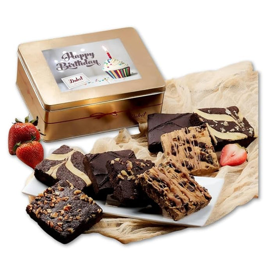 Birthday Gift Basket for Women - 18 Individually Wrapped Brownies Freshly Baked in a Variety of Flavors - Dulcet's Signature Flavored Fudge Brownies - Gift Box Comes with Happy Birthday Card