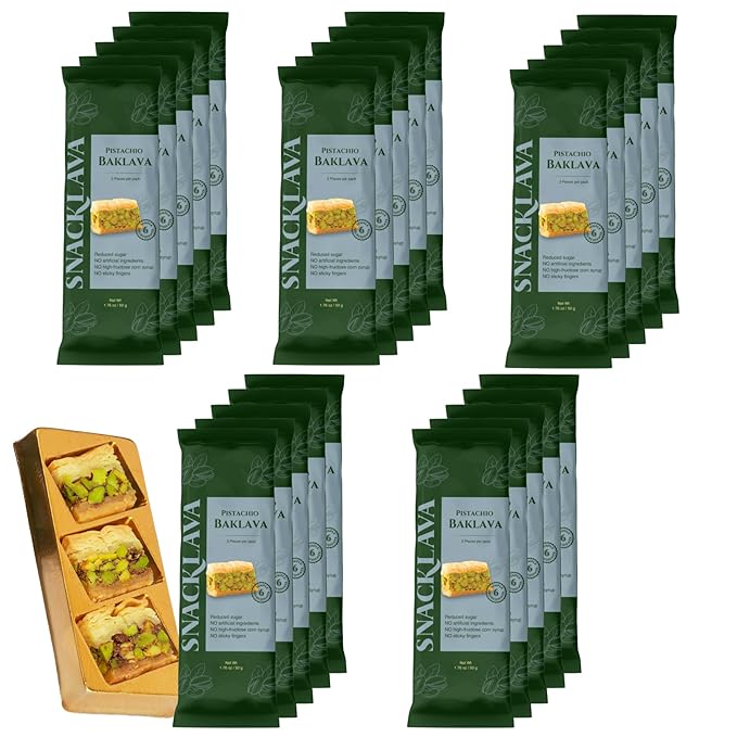 Snacklava Pistachio Baklava Bites - 20 Pack (3 Pieces per Pack) - No Artificial Ingredients, Colors or Preservatives (20, Pistachio)