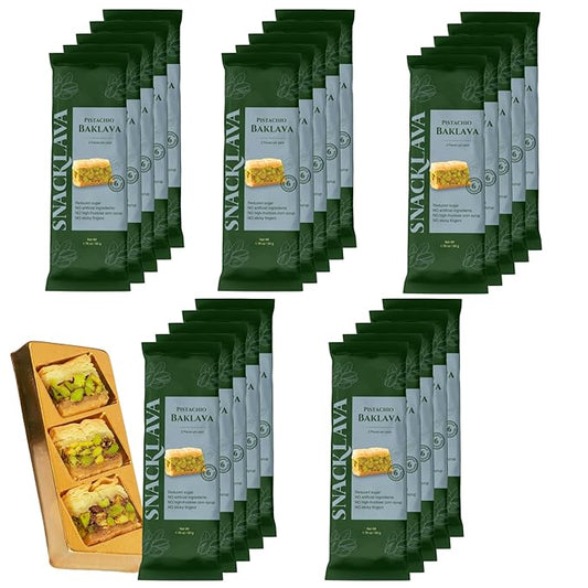 Snacklava Pistachio Baklava Bites - 20 Pack (3 Pieces per Pack) - No Artificial Ingredients, Colors or Preservatives (20, Pistachio)