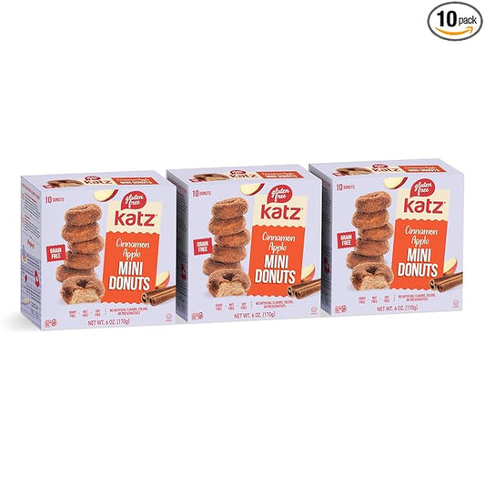 Katz Gluten Free Mini Cinnamon Apple Donuts. Fresh Baked Donuts Made With Apple Chunks and Dusted In Cinnamon Sugar. Grain Free. Tree Nut Free, Peanut Free. Kosher. 10 Donuts. 6.0 oz. (Pack of 3)