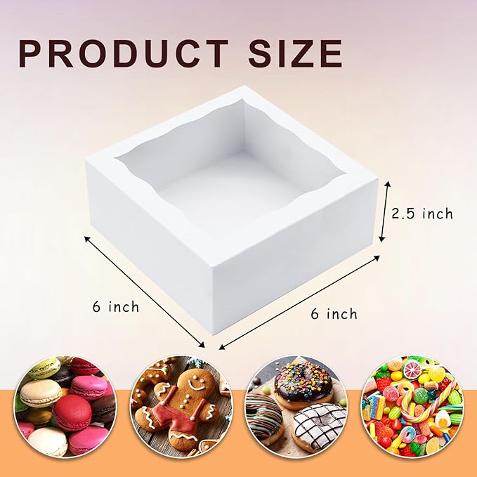 JOHOPACK 50pcs Cookie Boxes 6x6x2.5 Inch Bakery Boxes with window Chocolate Covered Strawberries Box Treat Box for Mini Cake Macaroon Dessert Pastry Muffins