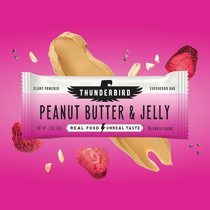 Thunderbird Bars Energy Snack, Gluten-Free with Protein, Healthy Real Food, Vegan Non-GMO, No Added Sugar (12 Count, 1.7 oz. Bars) (Peaut Butter Jelly)