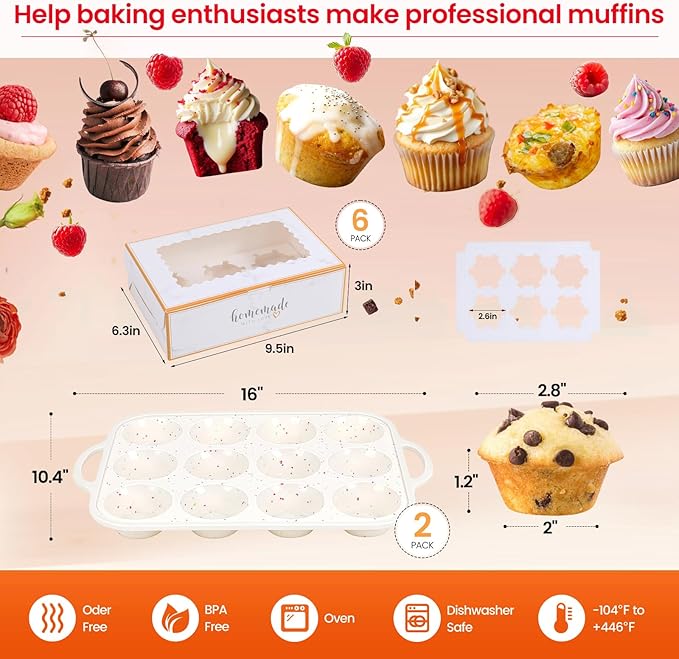 Fimary Silicone Muffin Pans for Baking with Metal Reinforced Frame 2 Pack with 6 Pack cupcake boxes（6 count）, Nonstick Silicone Cupcake Pan for Baking Homemade Muffins, Dishwasher Safe BPA Free