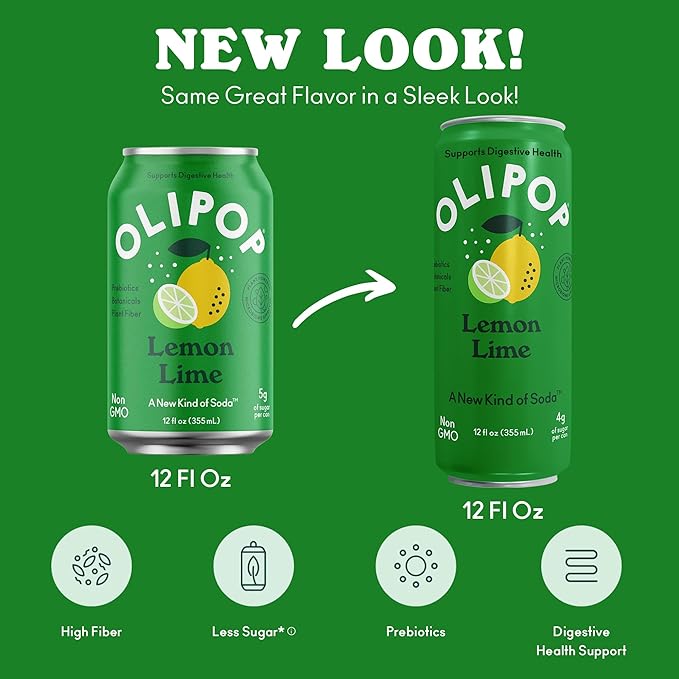 OLIPOP Prebiotic Soda Pop, Lemon Lime, Pantry Pack Packed with Prebiotics, Fiber, and Botanicals, Gluten Free, Vegan, GMO Free, 12oz Skinny (12-Cans)