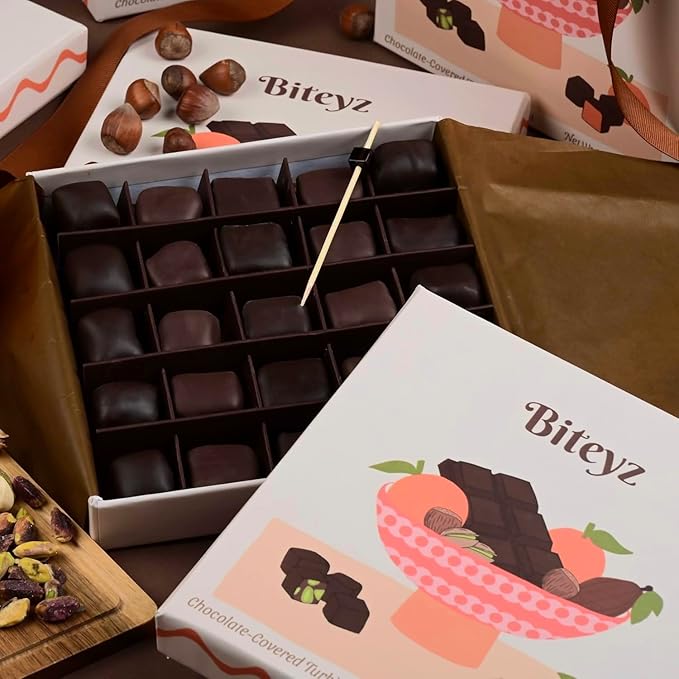Biteyz Choco Turkish Delight, Vegan Candy Gift Box - Chocolate-Covered Assorted Treats with Orange, Pistachio, and Hazelnut, 25 Pieces of Gourmet Handmade Vegan Snacks