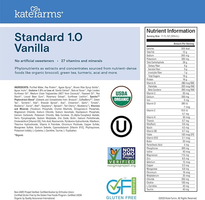KATE FARMS Organic 1.0 Vanilla Nutrition Shake, 16g protein, 27 Vitamins and Minerals, Meal Replacement Shake 11 oz (12 Pack)