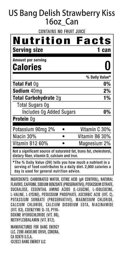 Bang Energy Delish Strawberry Kiss, Sugar-Free Energy Drink, 16 Fl Oz | Pack of 12