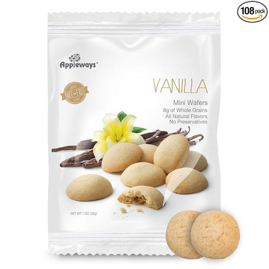 Appleways Mini Vanilla Wafers Cookies, 1.0 Oz Each, 108 Count, Vanilla Wafers Individual Packs, Nut-Free Mini Cookies, All-Natural Whole Grain Snack, Made in USA
